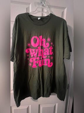 Fruit of the Loom Olive Green Tee with Hot Pink "Oh What Fun" Graphic